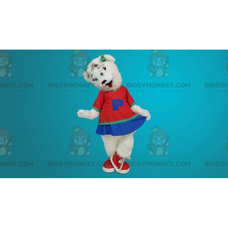 BIGGYMONKEY™ White Bear Maskottchenkostüm als Cheerleader