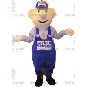 BIGGYMONKEY™ Mascot Costume of Snowman in Blue Overalls and Cap