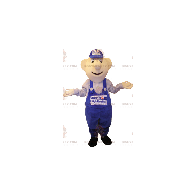 BIGGYMONKEY™ Mascot Costume of Snowman in Blue Overalls and Cap