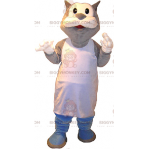 BIGGYMONKEY™ Costume da mascotte gatto grigio grasso e bianco