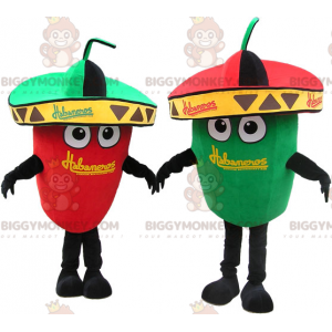 2 mascotas BIGGYMONKEY™ de pimientos verdes y rojos gigantes.