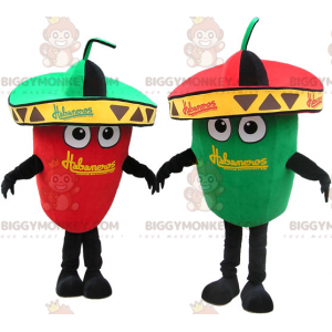 2 maskot BIGGYMONKEY™s af kæmpe grønne og røde peberfrugter.