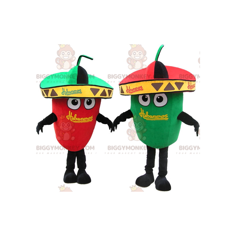 2 mascotas BIGGYMONKEY™ de pimientos verdes y rojos gigantes.