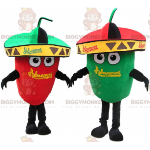 2 maskot BIGGYMONKEY™s av gigantiska gröna och röda paprika.