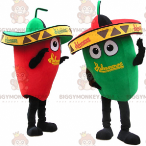 2 maskot BIGGYMONKEY™s af kæmpe grønne og røde peberfrugter.
