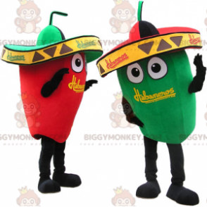 Duo de mascottes BIGGYMONKEY™ de piments vert et rouge géants.