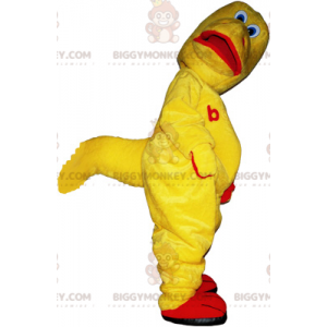 Divertido disfraz de mascota dinosaurio amarillo y rojo