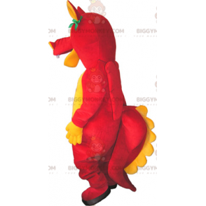 Zabawny kostium maskotki czerwono-żółtego dinozaura
