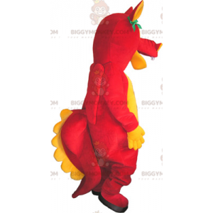 Traje de mascote de dinossauro vermelho e amarelo engraçado