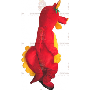 Traje de mascote de dinossauro vermelho e amarelo engraçado