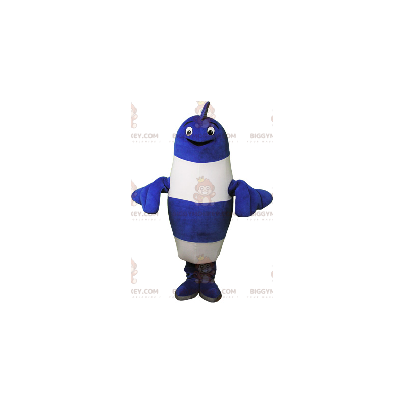 Traje de mascote de peixe gigante listrado azul e branco