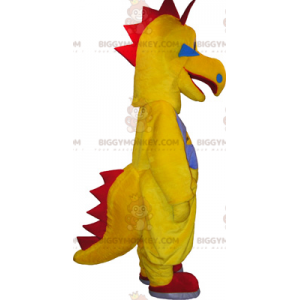 Divertido disfraz de mascota dinosaurio amarillo y rojo
