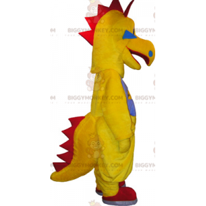 Traje de mascote de dinossauro amarelo e vermelho engraçado