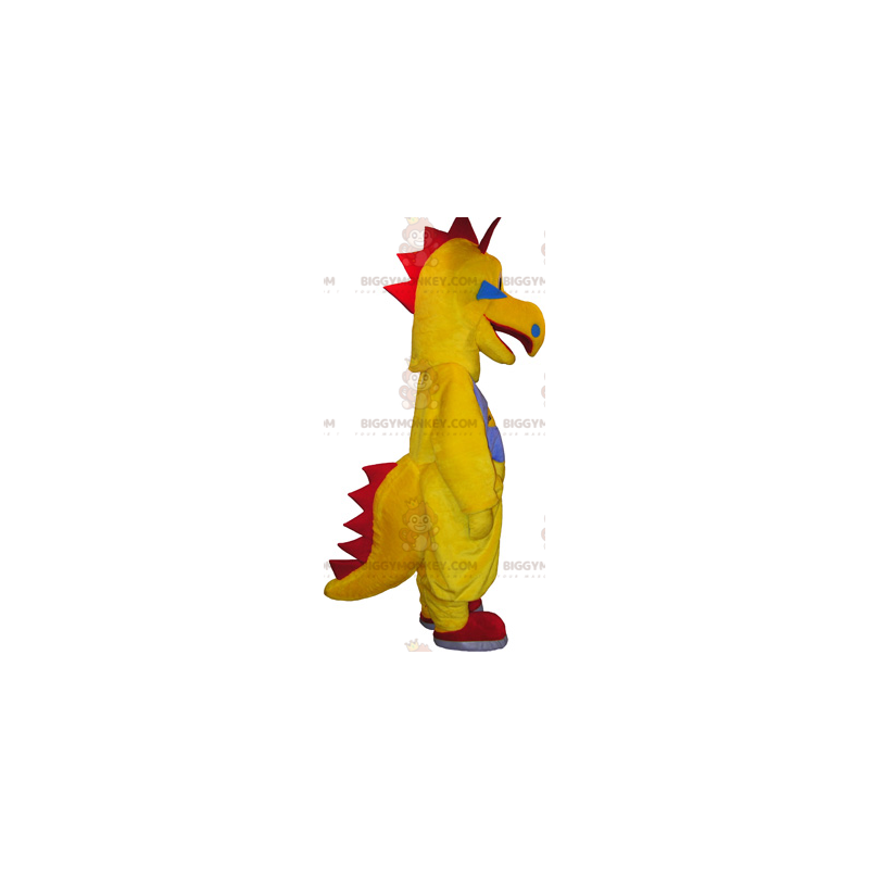 Traje de mascote de dinossauro amarelo e vermelho engraçado