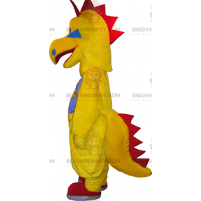 Divertido disfraz de mascota dinosaurio amarillo y rojo