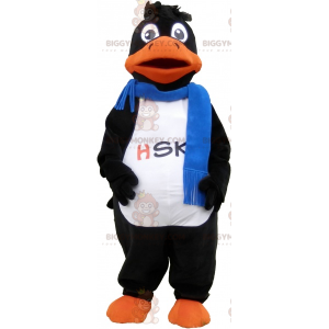Kostium maskotka czarnej kaczki w niebieskim szaliku