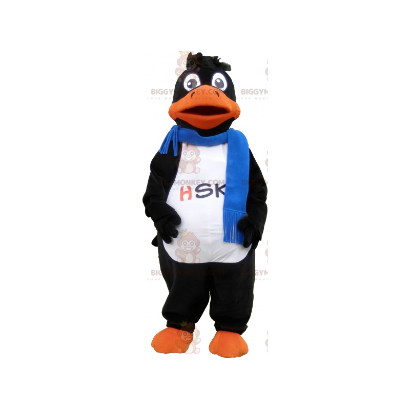 Kostium maskotka czarnej kaczki w niebieskim szaliku