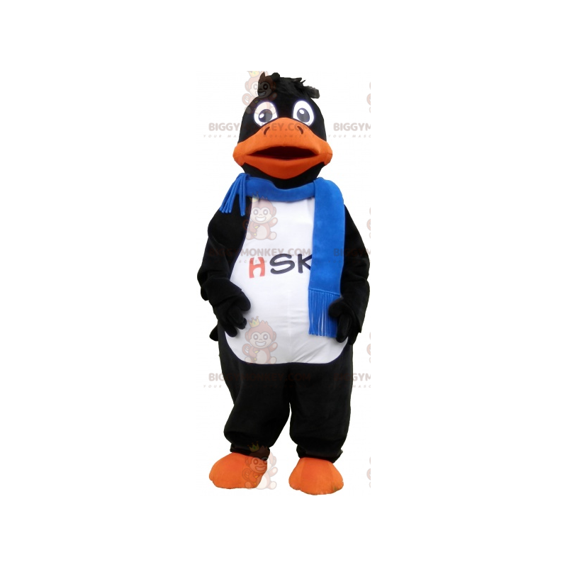 Traje de mascote BIGGYMONKEY™ de pato preto usando lenço azul –