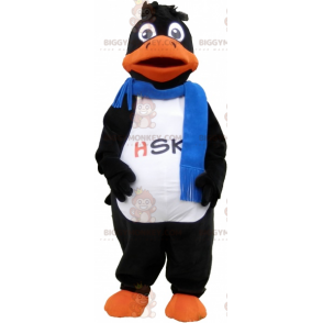 BIGGYMONKEY™ mascottekostuum van zwarte eend met blauwe sjaal -