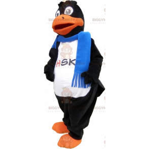 Traje de mascote BIGGYMONKEY™ de pato preto usando lenço azul –