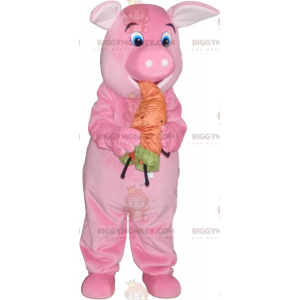 BIGGYMONKEY™ Mascot Costume Pink Pig with Orange Carrot –