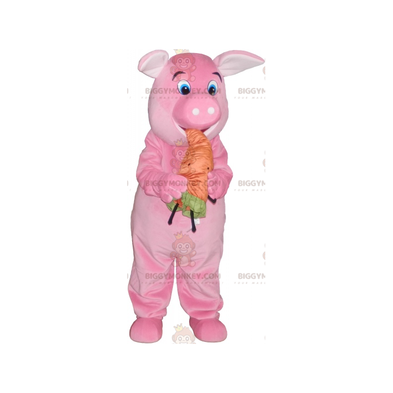 Traje de Mascote BIGGYMONKEY™ Porco Rosa com Cenoura Laranja –