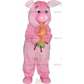 BIGGYMONKEY™ Maskottchenkostüm Rosa Schwein mit oranger Karotte