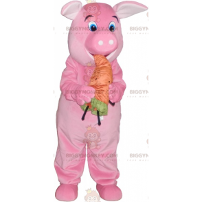 Traje de Mascote BIGGYMONKEY™ Porco Rosa com Cenoura Laranja –