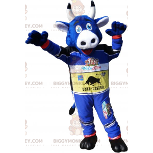 BIGGYMONKEY™ Mascot Costume Blue Cow In Racer Outfit –