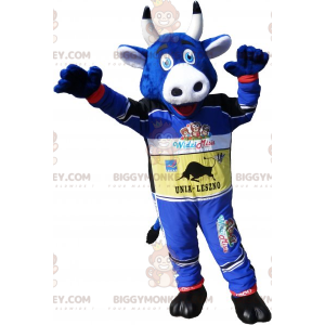 BIGGYMONKEY™ mascottekostuum blauwe koe in racer-outfit -