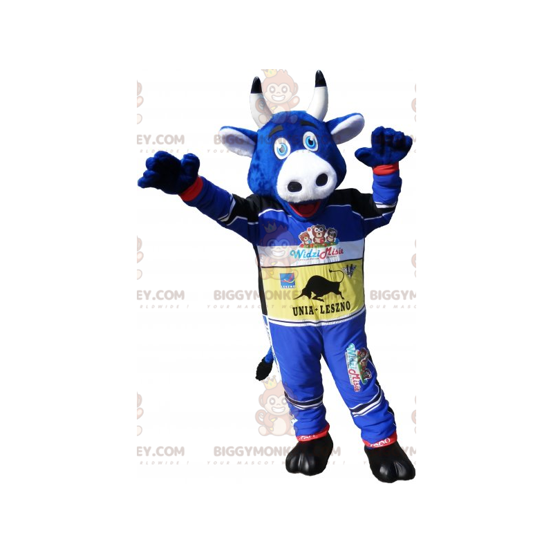 BIGGYMONKEY™ Maskottchenkostüm Blaue Kuh im Rennfahrer-Outfit -