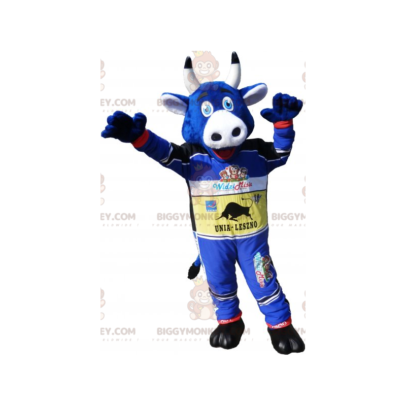 Kostium maskotki BIGGYMONKEY™ Niebieska krowa w stroju