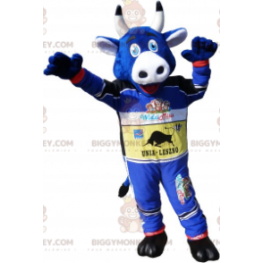 BIGGYMONKEY™ mascottekostuum blauwe koe in racer-outfit -