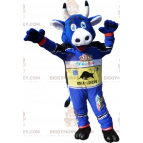 BIGGYMONKEY™ Maskottchenkostüm Blaue Kuh im Rennfahrer-Outfit -