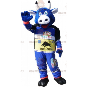 BIGGYMONKEY™ Mascot Costume Blue Cow In Racer Outfit –