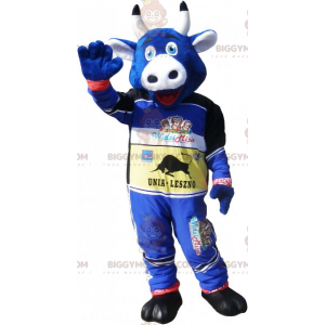 BIGGYMONKEY™ Mascot Costume Blue Cow In Racer Outfit -