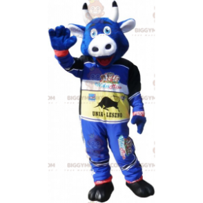 BIGGYMONKEY™ Mascot Costume Blue Cow In Racer Outfit -