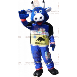 BIGGYMONKEY™ maskotkostume Blå ko i racertøj - Biggymonkey.com
