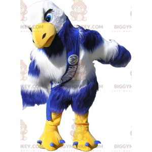 Costume de mascotte BIGGYMONKEY™ de vautour bleu jaune et blanc