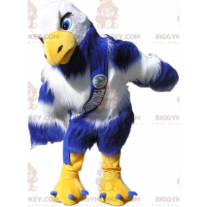 Traje de mascote de abutre gigante azul amarelo e branco