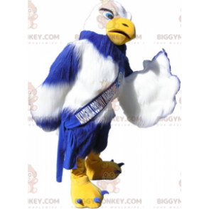 Traje de mascote de abutre gigante azul amarelo e branco