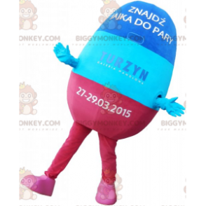 Costume de mascotte BIGGYMONKEY™ de pilule bleue et rose.