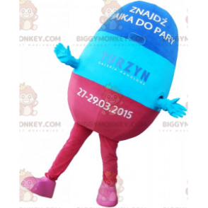 Traje de mascote BIGGYMONKEY™ com pílula azul e rosa. Traje de