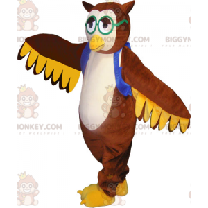 Ruskea pöllö BIGGYMONKEY™ maskottiasu liivillä ja laseilla -