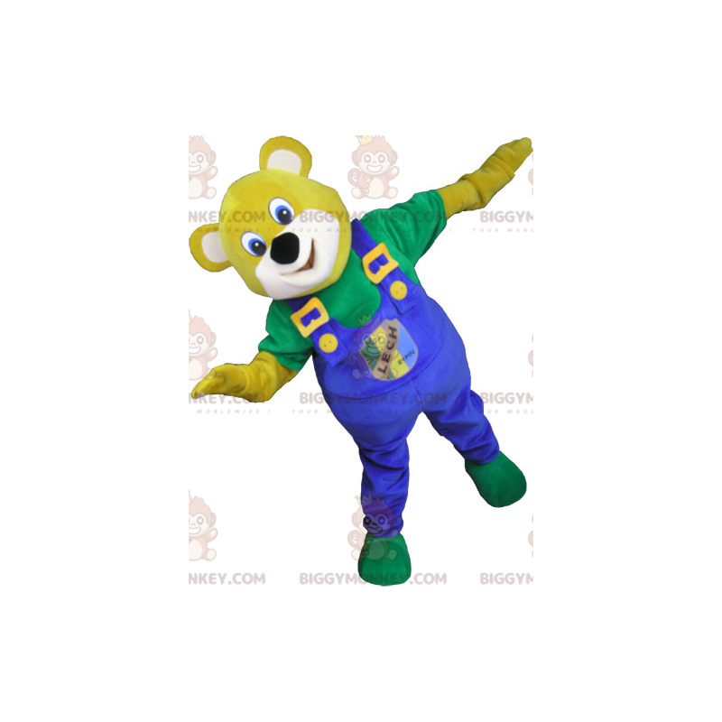 Kostým maskota žlutého medvěda BIGGYMONKEY™ s modrým overalem –
