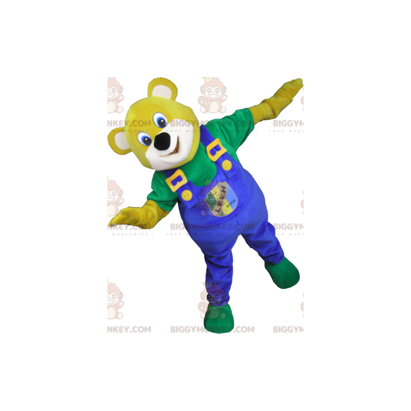 Traje de mascote de urso amarelo BIGGYMONKEY™ com macacão azul