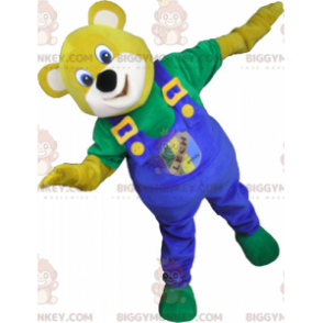 BIGGYMONKEY™ Yellow Bear maskottiasu sinisillä haalareilla -