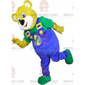 Kostým maskota žlutého medvěda BIGGYMONKEY™ s modrým overalem –