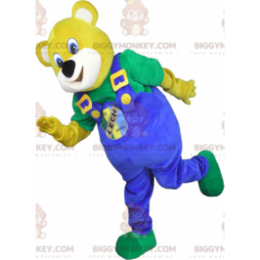 Traje de mascote de urso amarelo BIGGYMONKEY™ com macacão azul