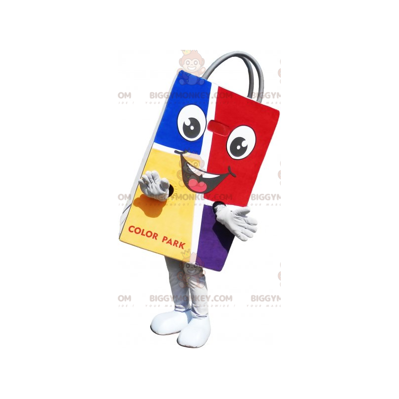Fantasia de mascote de saco de papel colorido sorridente